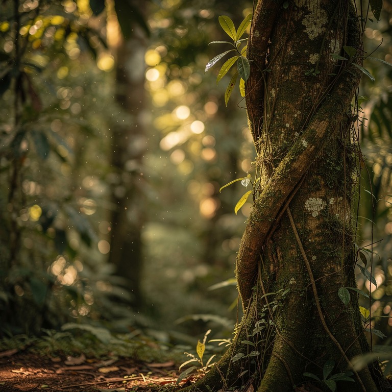 A solitary ayahuasca vine entwines a tree in dappled jungle ... | ShopAyahuascaRetreats