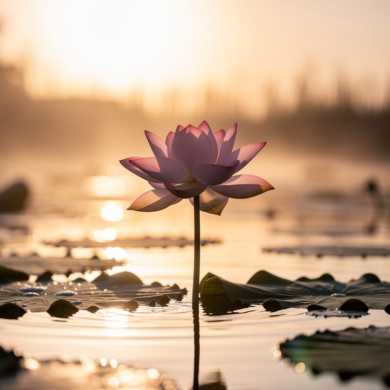 A solitary lotus flower blooming in a serene pond at dawn, w... | ShopAyahuascaRetreats