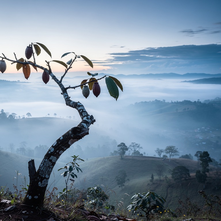 A solitary, twisted cacao tree branch reaches towards the sk... | ShopAyahuascaRetreats