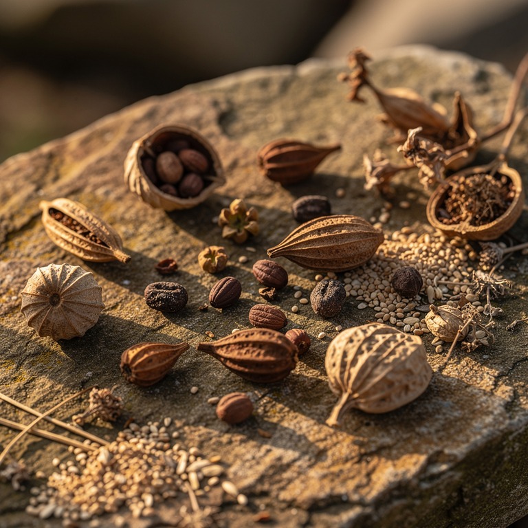 A still life of various seeds and pods, including iboga seed... | ShopAyahuascaRetreats