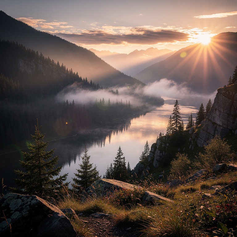 A sunrise over a serene mountain valley, with misty clouds i... | ShopAyahuascaRetreats