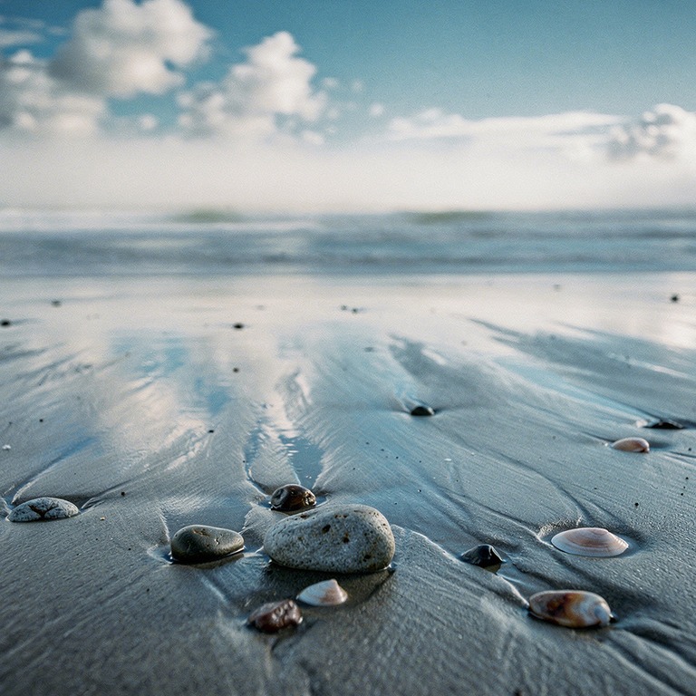 A tranquil, sandy shore at low tide, with a few scattered be... | ShopAyahuascaRetreats