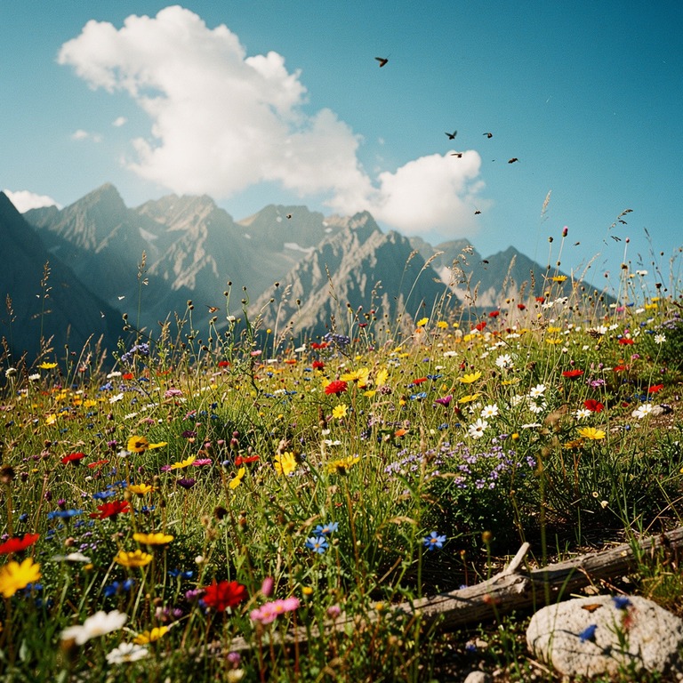 A vibrant, sun-drenched wildflower meadow stretching towards... | ShopAyahuascaRetreats