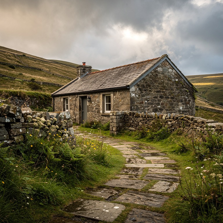 A weathered stone cottage nestled among rolling hills with a... | ShopAyahuascaRetreats