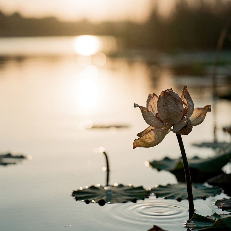 A withered lotus flower on a serene pond surface at dawn, sy... | ShopAyahuascaRetreats