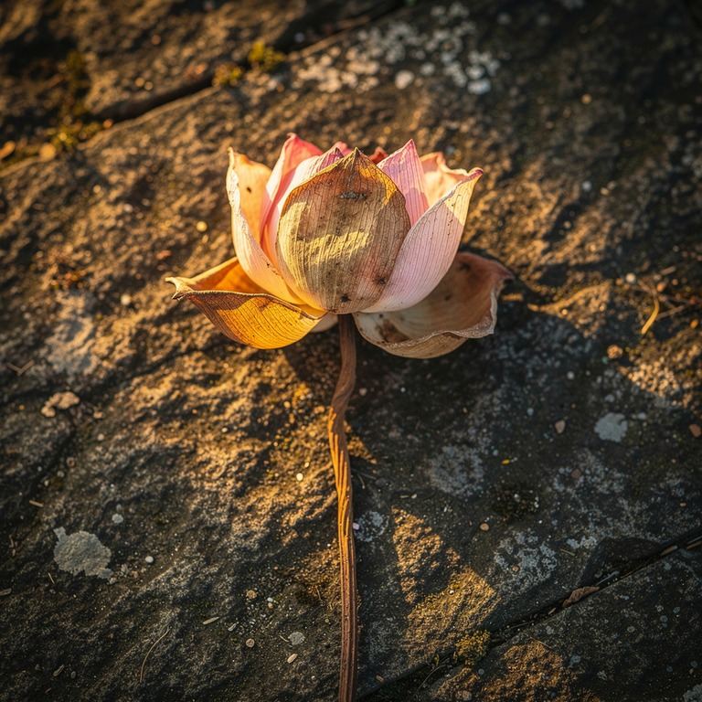 A withered lotus flower on a stone surface, backlit by warm ... | ShopAyahuascaRetreats