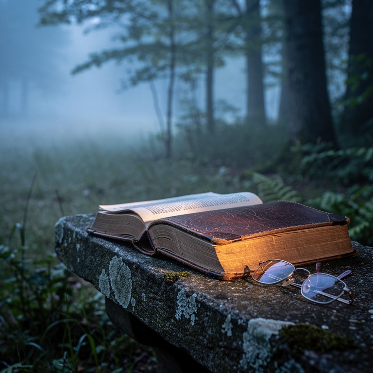 An old, leather-bound book lying open on a stone bench in a ... | ShopAyahuascaRetreats