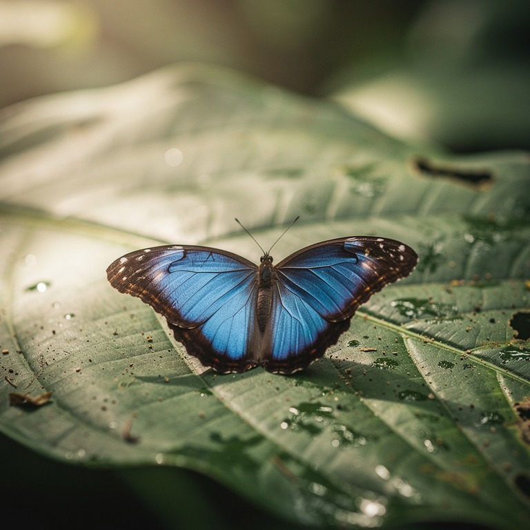 Blue morpho butterfly on a broad green leaf, shallow focus | ShopAyahuascaRetreats