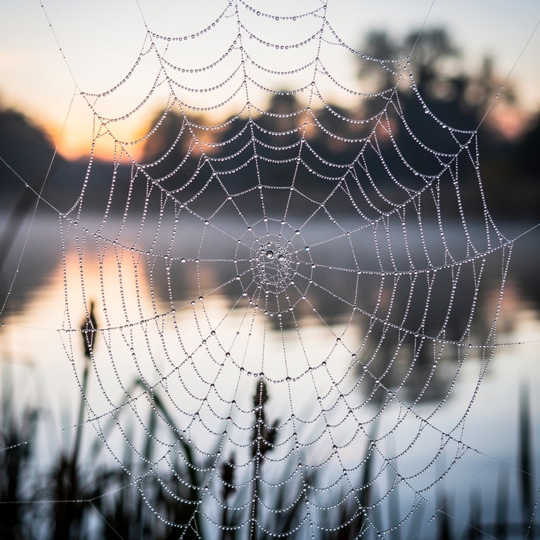 Dew-covered spiderweb over a pond at dawn | ShopAyahuascaRetreats