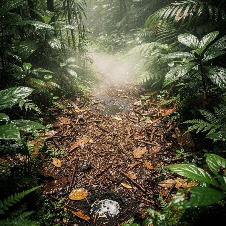 Jungle clearing after heavy rain, steam rising from leaf lit... | ShopAyahuascaRetreats