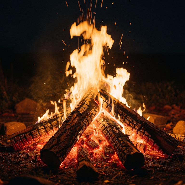 Large bonfire burning at night, orange embers rising into da... | ShopAyahuascaRetreats