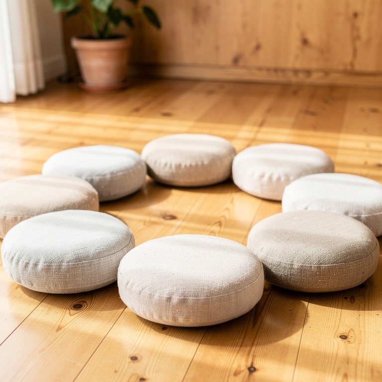 Meditation cushions arranged in a circle on a wooden floor | ShopAyahuascaRetreats