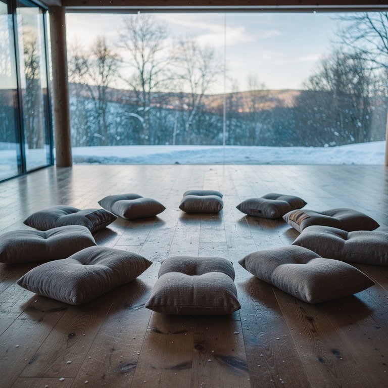 Meditation cushions arranged in a circle on a wooden floor | ShopAyahuascaRetreats