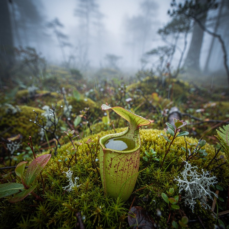 Pitcher plant nestled in moss, water collected inside the cu... | ShopAyahuascaRetreats