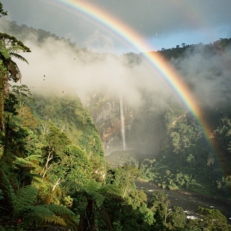 Rainbow arching over a misty rainforest valley after a storm | ShopAyahuascaRetreats