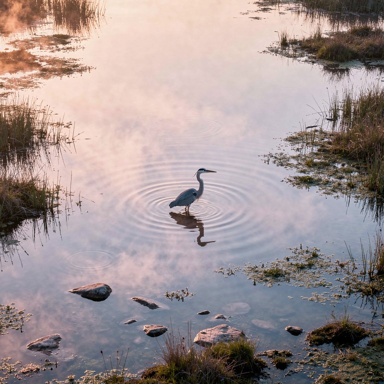 Silhouette of a heron fishing at dawn in misty shallows | ShopAyahuascaRetreats
