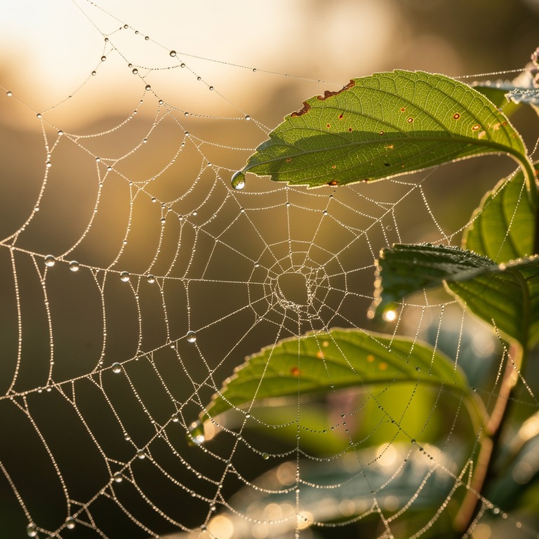 Spider's web stretched between two leaves with morning dew | ShopAyahuascaRetreats