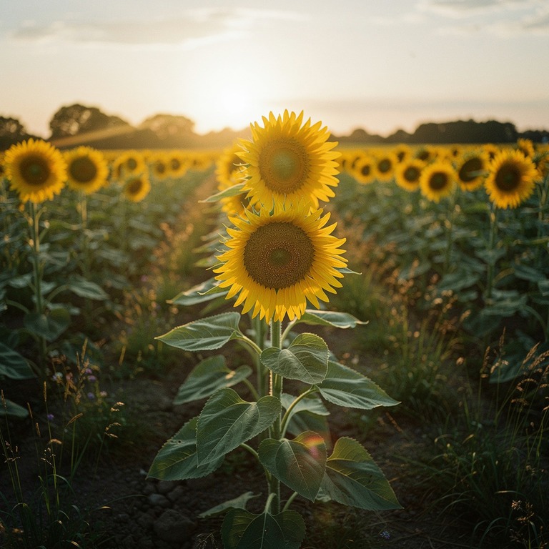 Sunflower field at golden hour, towering blooms | ShopAyahuascaRetreats