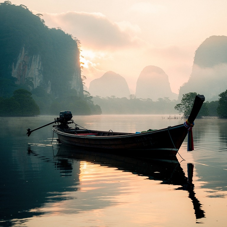 Thai longtail boat on a still lagoon at dawn | ShopAyahuascaRetreats