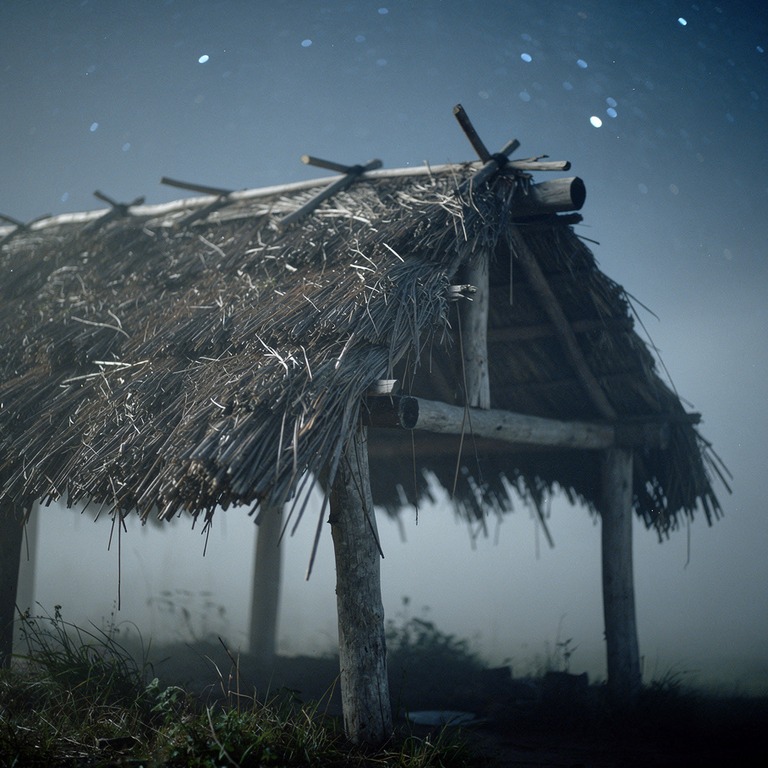 Under the star-filled night sky, a simple, rustic hut stands... | ShopAyahuascaRetreats