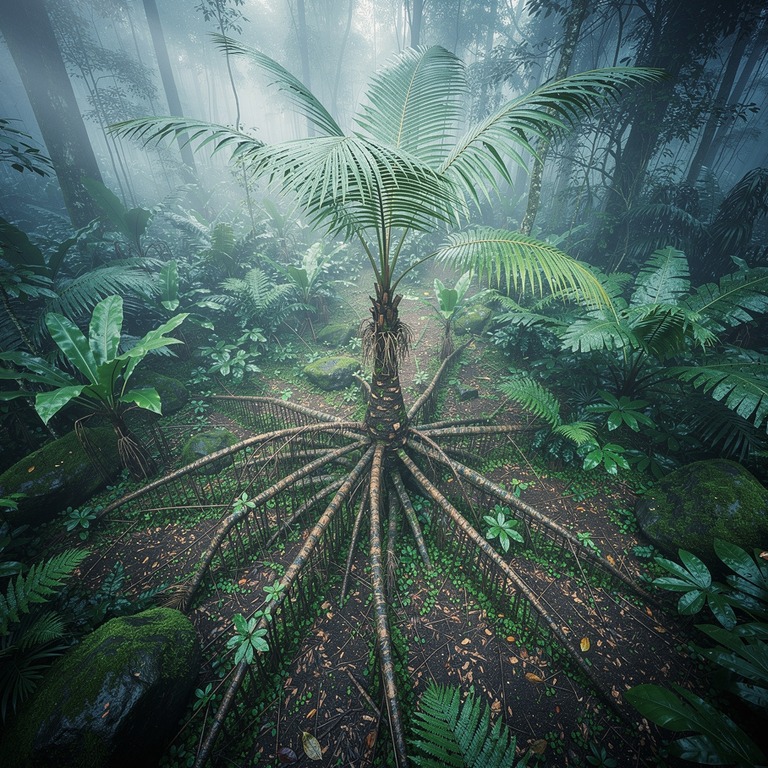 Walking palm tree with stilted exposed roots, low jungle lig... | ShopAyahuascaRetreats