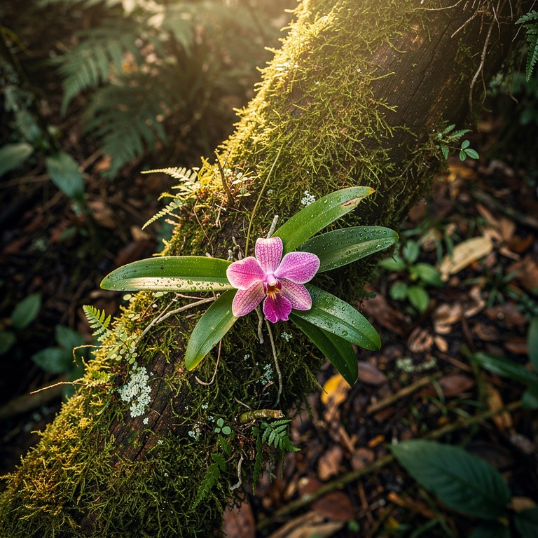 Wild orchid clinging to a moss-covered tree trunk, soft jung... | ShopAyahuascaRetreats