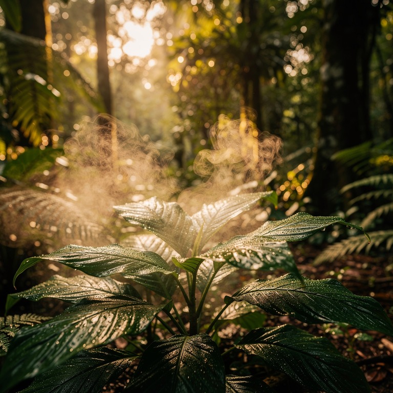 Wisps of steam rising from wet rainforest leaves after a dow... | ShopAyahuascaRetreats