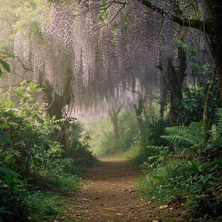 Wisteria vines hanging in heavy purple curtains over a jungl... | ShopAyahuascaRetreats