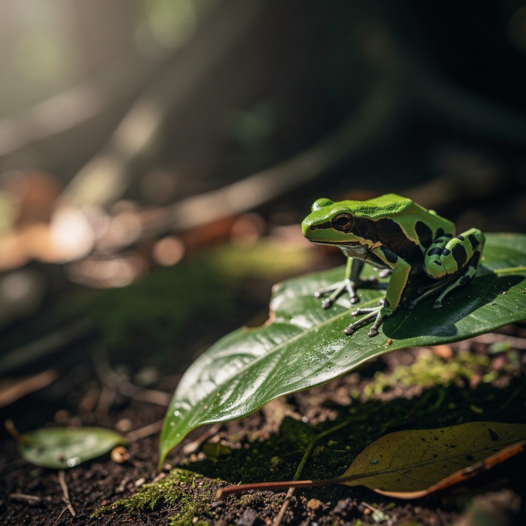 A bright green and black poison dart frog perched on a large... | ShopAyahuascaRetreats