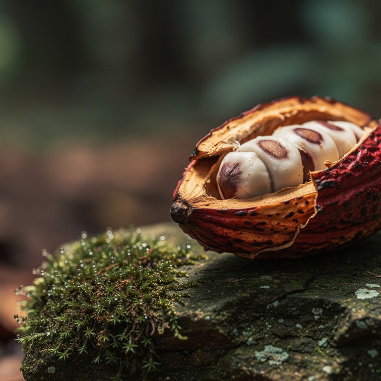 A close-up of a cacao pod cracked open on a moss-covered sto... | ShopAyahuascaRetreats