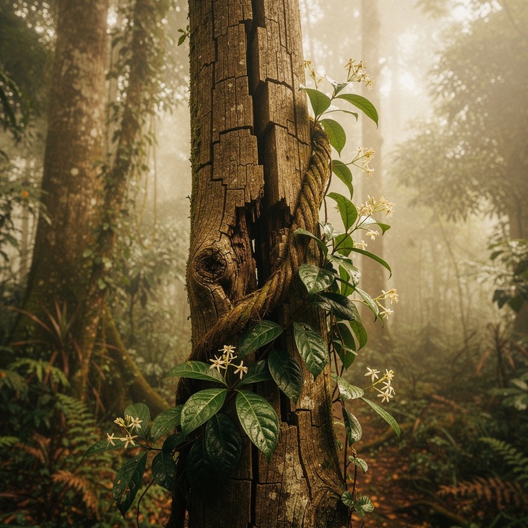 A close-up of a cracked, ancient tree trunk with a blooming ... | ShopAyahuascaRetreats