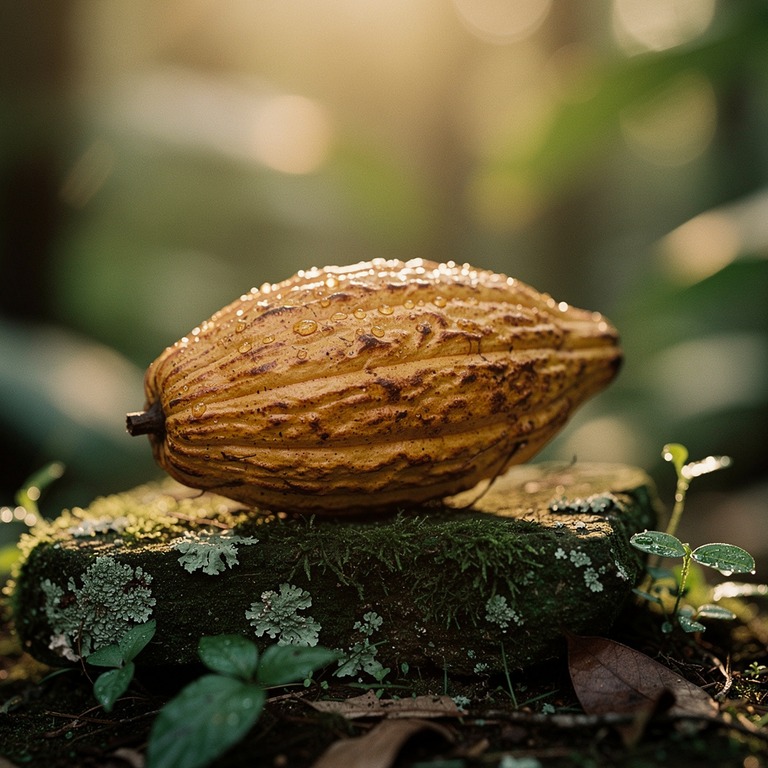 A close-up of a single, delicate cacao pod on a mossy stone,... | ShopAyahuascaRetreats