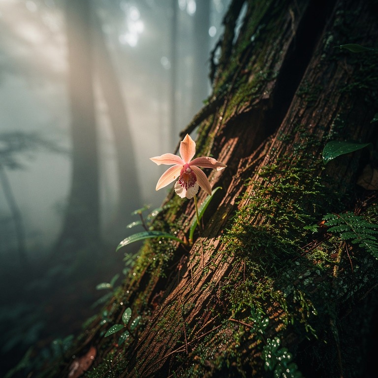 A delicate, exotic orchid blooms on the bark of a tree in a ... | ShopAyahuascaRetreats