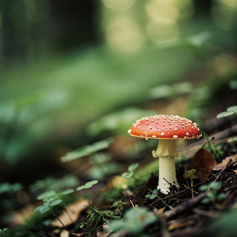 A delicate, isolated Amanita muscaria mushroom cap, glisteni... | ShopAyahuascaRetreats