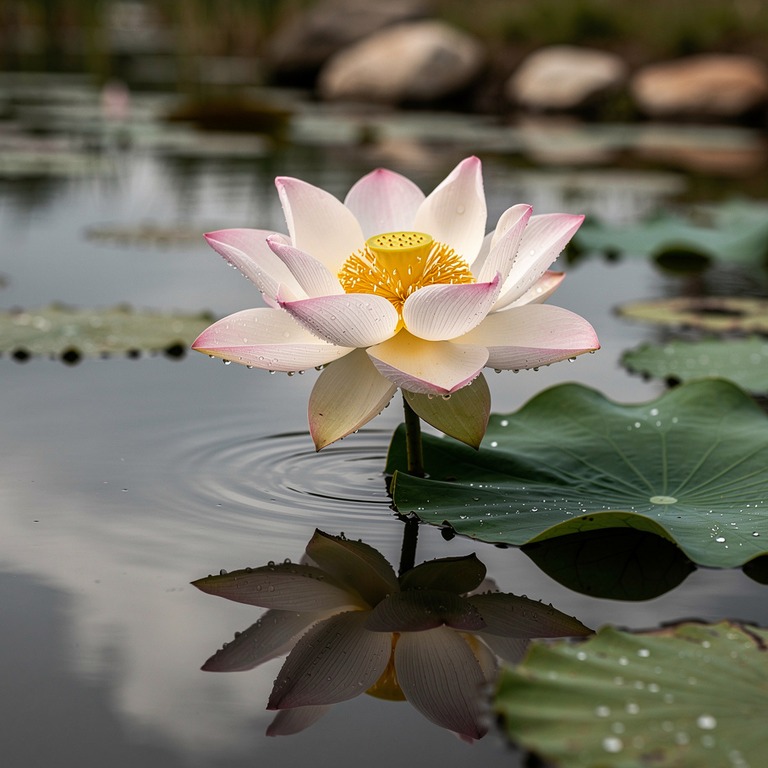 A lone lotus flower blooms on a still pond, its delicate pet... | ShopAyahuascaRetreats