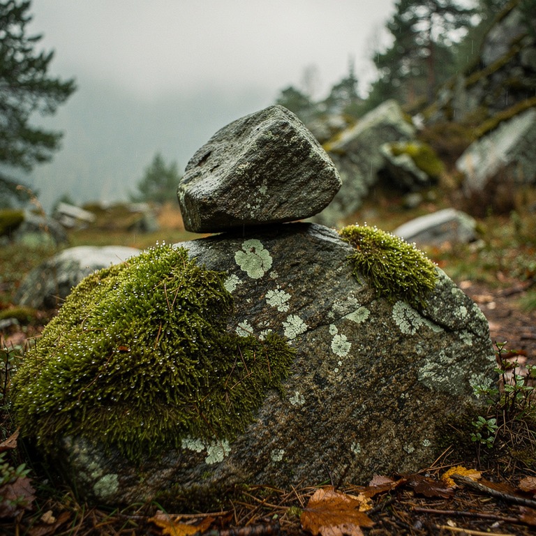 A lone, weathered stone sits atop a moss-covered boulder, il... | ShopAyahuascaRetreats