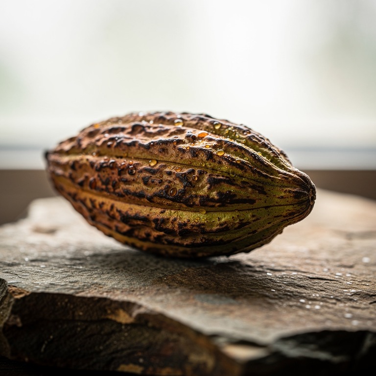 A macro shot of a cacao pod on a natural stone surface, with... | ShopAyahuascaRetreats