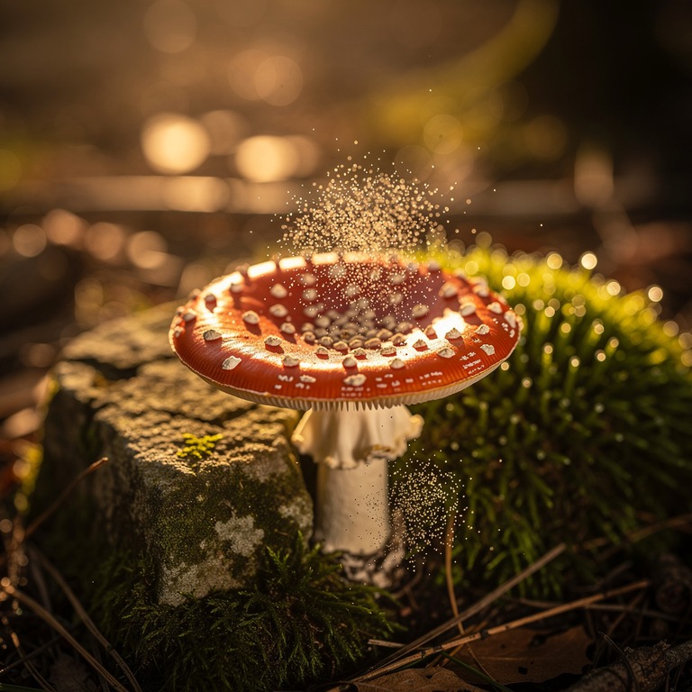 A macro view of Amanita muscaria spores on a mossy stone, ba... | ShopAyahuascaRetreats