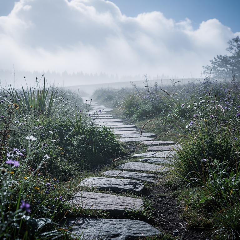 A meandering stone path, overgrown with wildflowers and gras... | ShopAyahuascaRetreats