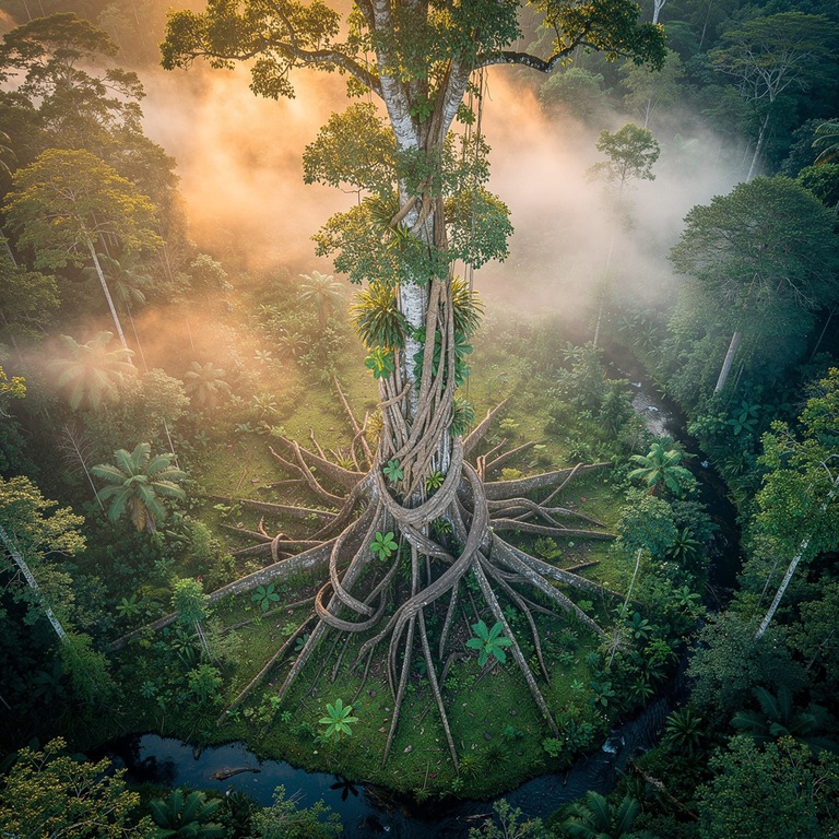 A misty Amazonian valley at dawn, with the ayahuasca vine en... | ShopAyahuascaRetreats