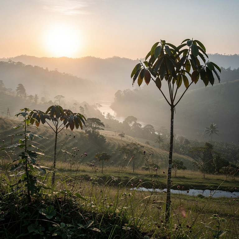 A quiet, misty valley at dawn, with a few ceremonial cacao t... | ShopAyahuascaRetreats