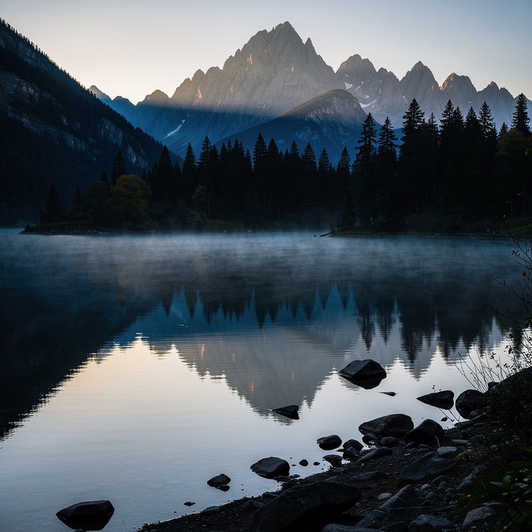 A serene mountain lake at dawn, with mist rising from the wa... | ShopAyahuascaRetreats