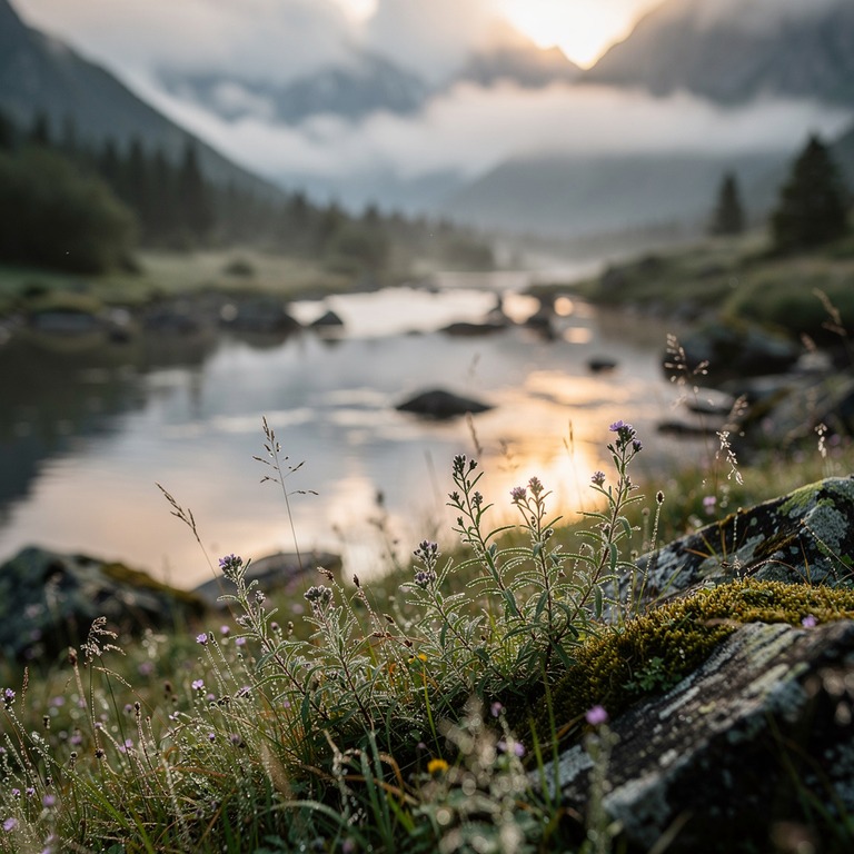 A serene mountain valley at dawn, with misty clouds lifting ... | ShopAyahuascaRetreats