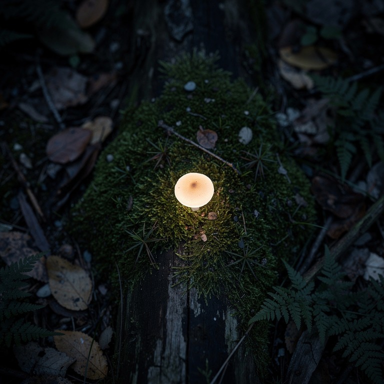 A small, glowing mushroom grows on a moss-covered log, illum... | ShopAyahuascaRetreats