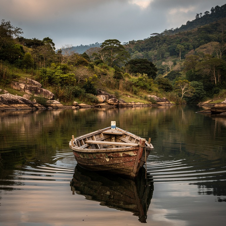 A small wooden boat drifting alone on a serene lake, surroun... | ShopAyahuascaRetreats
