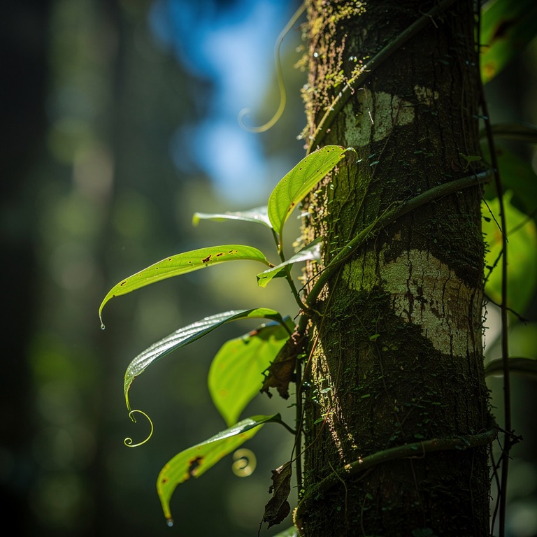 A solitary ayahuasca vine, wrapped around a tree trunk, shot... | ShopAyahuascaRetreats