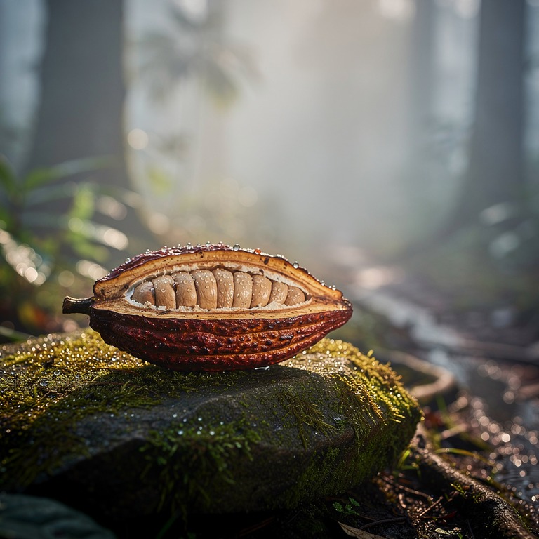 A solitary cacao pod lies cracked open on a mossy stone, mor... | ShopAyahuascaRetreats