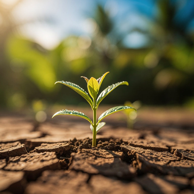 A sprouting seedling pushes through cracked clay earth, back... | ShopAyahuascaRetreats