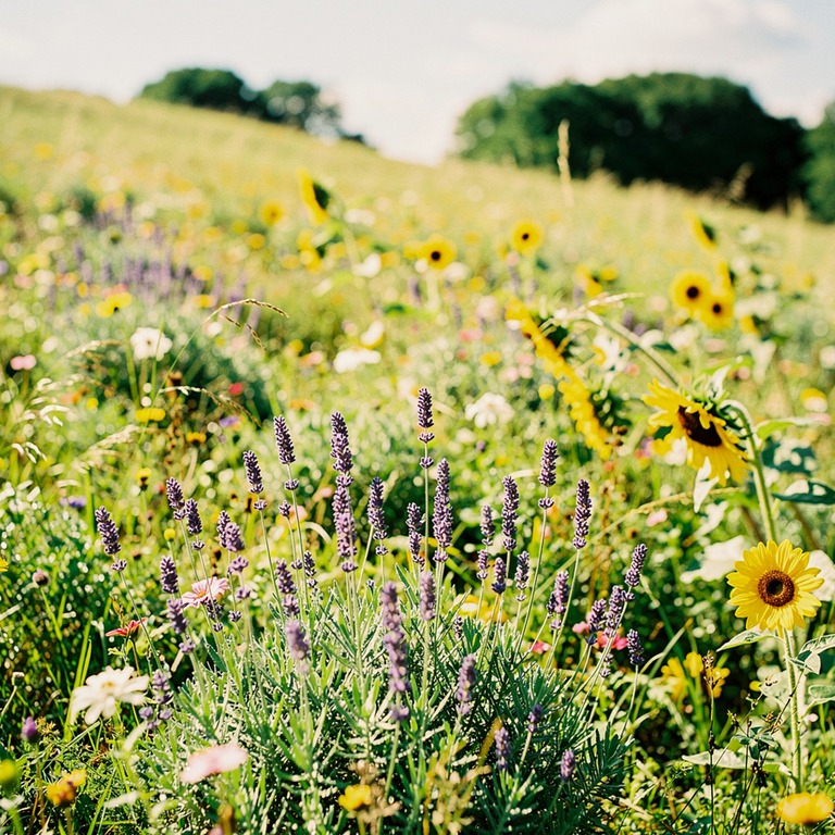 A sunlit meadow filled with a variety of wildflowers, includ... | ShopAyahuascaRetreats
