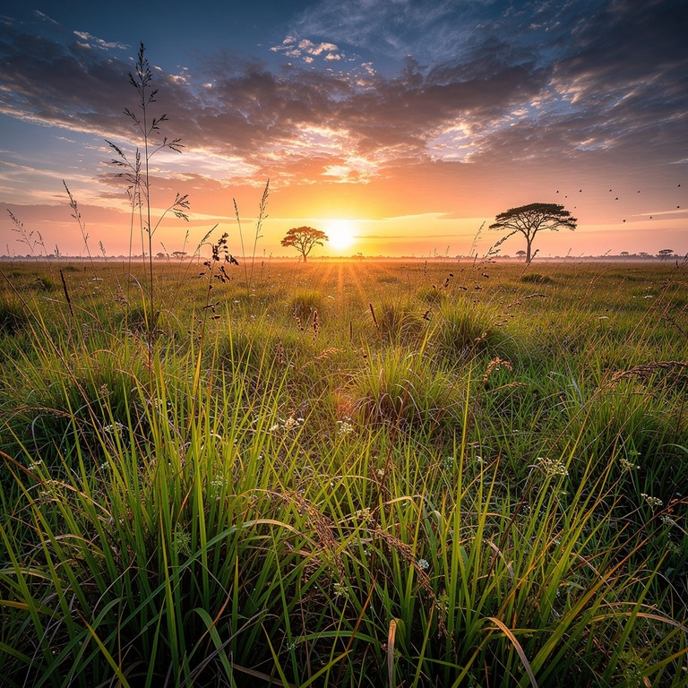 A sunset over a vast, open grassland, with the sky painted i... | ShopAyahuascaRetreats